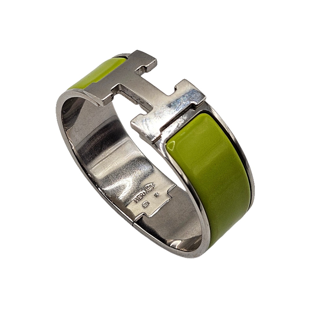 Herms Palladium-Plated Green Enamel Wide Clic Clac Bracelet